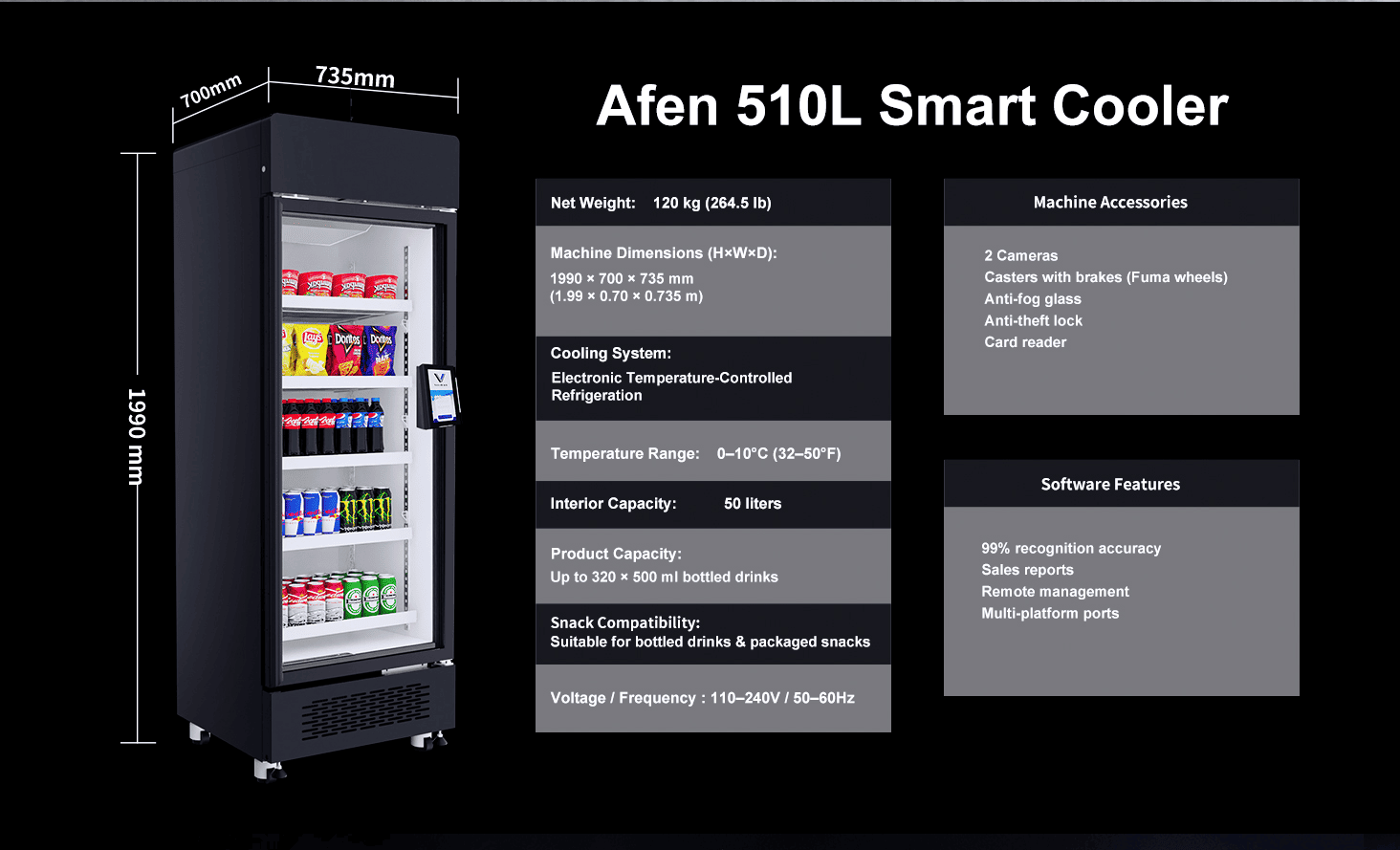 Cabbirka iyo Awoodda Mashiinka Iibinta ee AFEN Smart Cooler AI 510L Awoodda kaydinta cufnaanta sare ee mashiinka iibinta AFEN AI oo kor u qaadaysa ROI-ga tafaariiqda ee raad yar