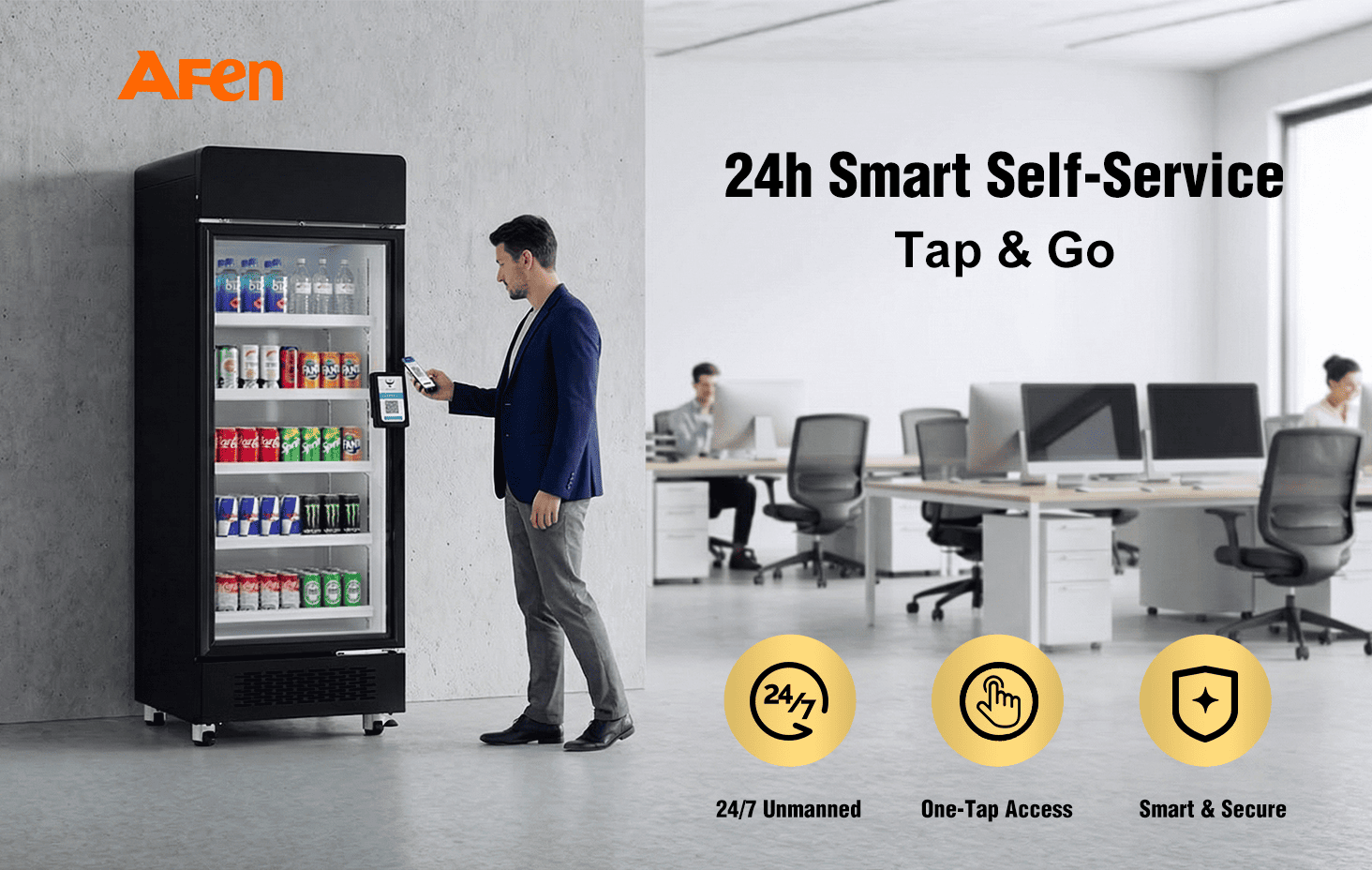 Muuqaal Geesinimo oo AFEN Smart Cooler 510L ah AFEN 510 qaboojiyaha casriga ah oo bixiya xalal tafaariiqeed oo 24/7 ah oo aan lahayn shaqaale oo loogu talagalay xafiisyada iyo jimicsiga